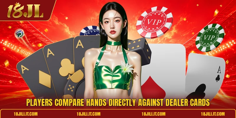 Players compare hands directly against dealer cards