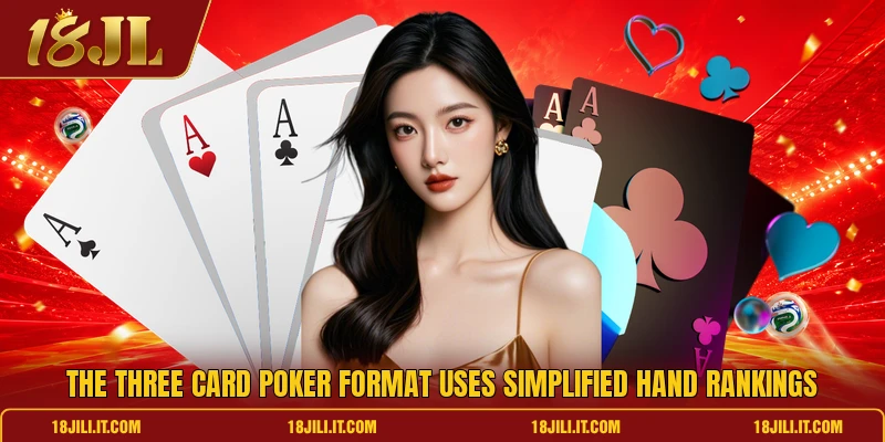 The three card poker format uses simplified hand rankings